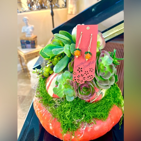 Handmade Jewelry - Pumpkin Fall Halloween Whimsical Orange Gold Chain Dangling  Glass Earrings